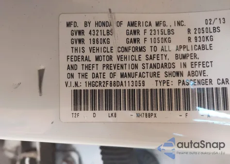 2013 Honda Accord Ex-L из США, поврежденный, VIN 1HGCR2F88DA113059